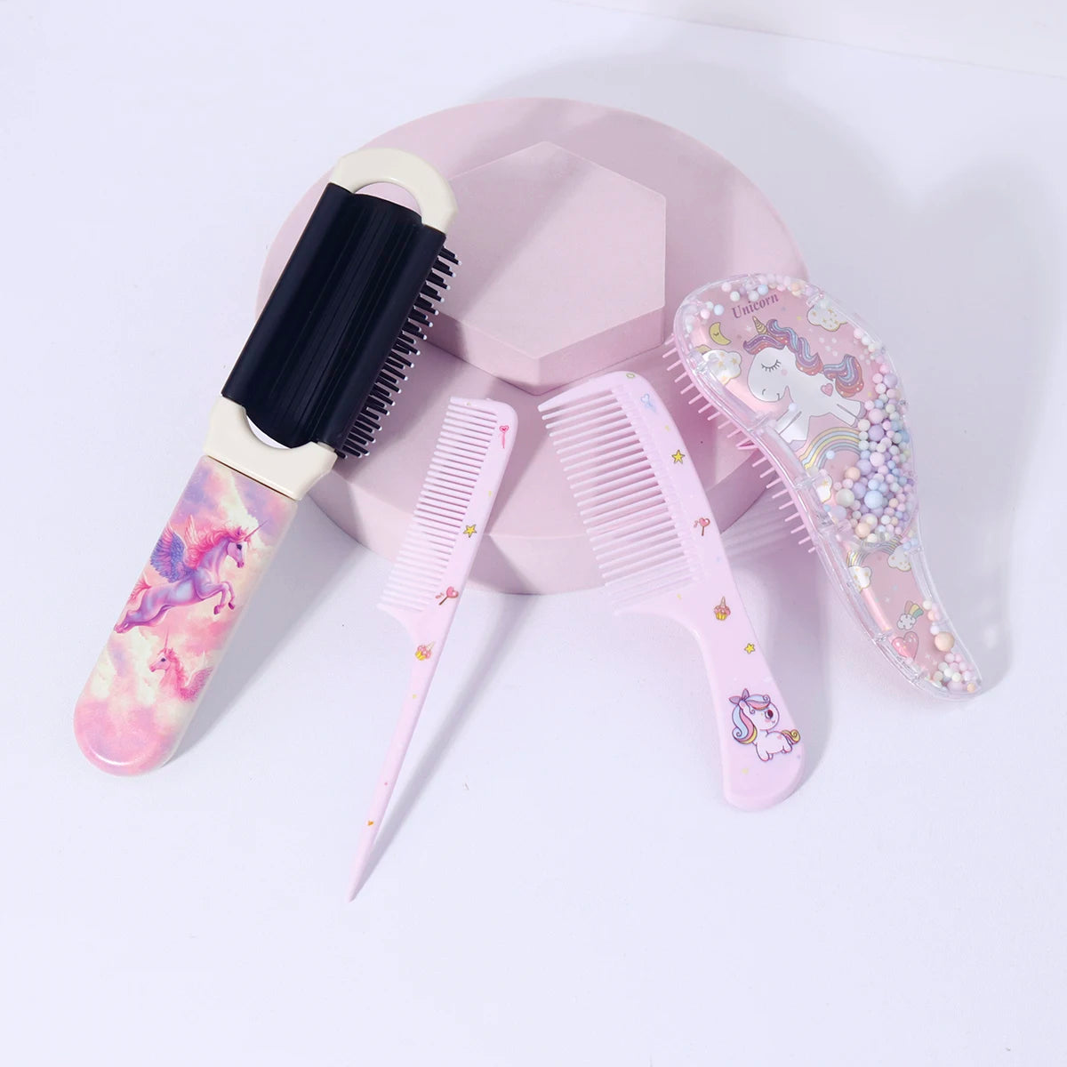 4-piece Cartoon Unicorn hair comb set- foldable hair brush with mirror included!