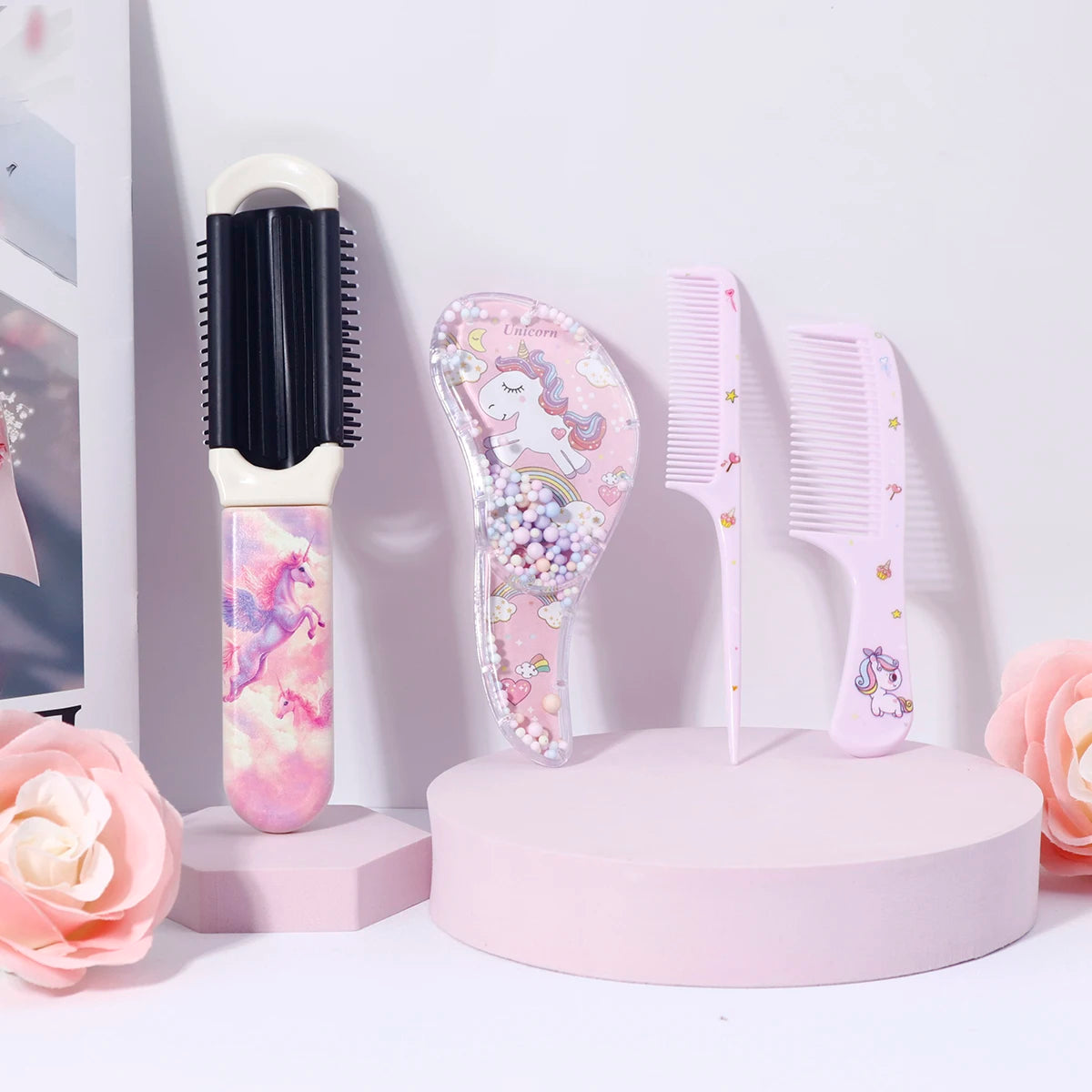 4-piece Cartoon Unicorn hair comb set- foldable hair brush with mirror included!